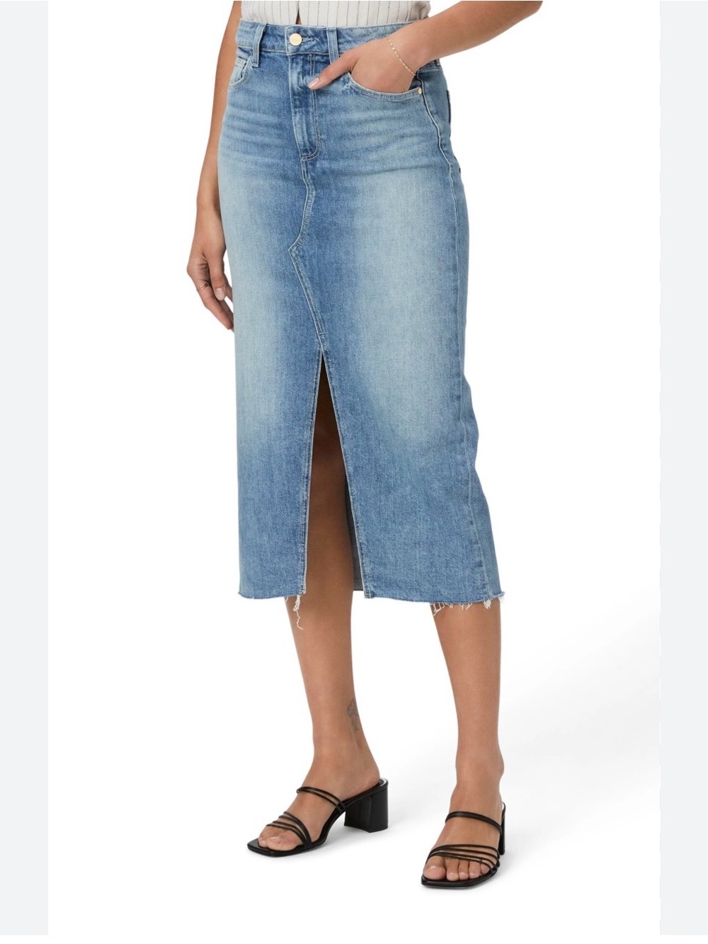 PAIGE Meadow Denim Midi Skirt with Front Slit | Size 25